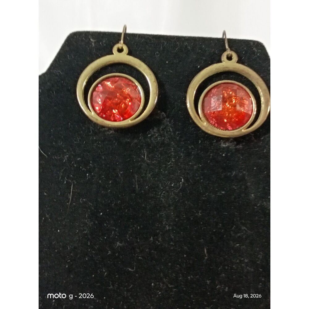 Vintage Red Cabochon Gold Hoop Earrings - Dainty Resin Drop Earrings